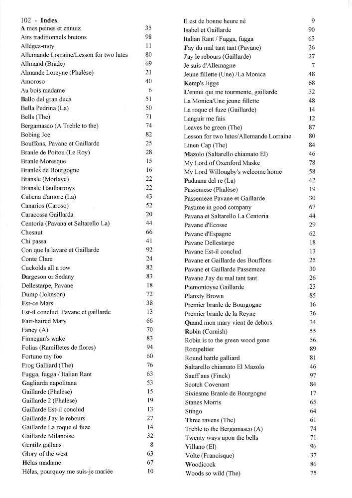 vol_43_index.jpg - Volume 43 : 90 pièces pour guitare Renaissance, seule ou avec accompagnement de luth,  Pièces originales et arrangements - France, Italie, Angleterre, Irlande, Espagne, 16e et début 17e siècle 