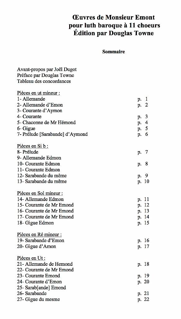 vol_47_sommaire_2 .jpg - Volume 47 : Œuvres de Monsieur Emont,  pour luth baroque, éditées par Douglas Towne