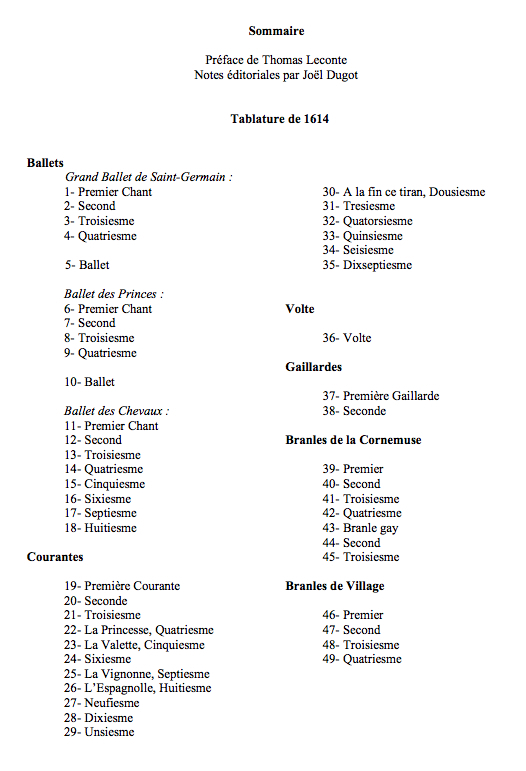 vol_50_sommaire.jpg - Volume 50 : Robert Ballard, Diverses piesces mises sur le luth (Paris 1614)Éditées par Joël Dugot, Éric Bellocq et Pascale Boquet - Préface de Thomas Leconte