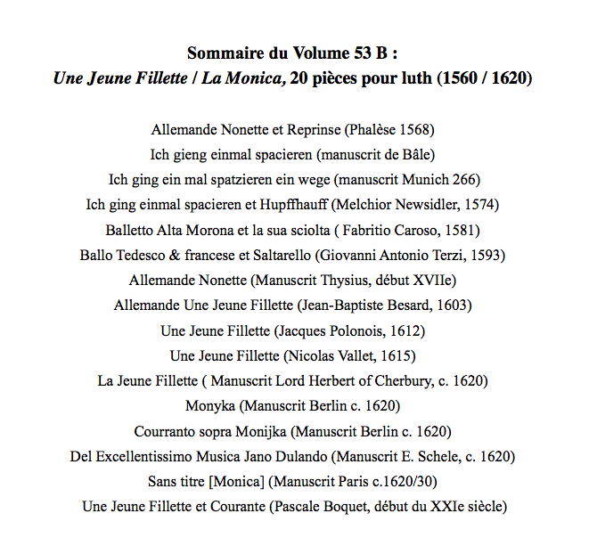 vol_53_b_sommaire.jpg - 53 B : 20 pièces pour luth (1560/1620), Anonymes, Bésard, P.Boquet, Caroso, M.Newsidler, Phalèse, Polonois, Terzi, Vallet. Sélection et transcription de Joël Dugot & Pascale Boquet 