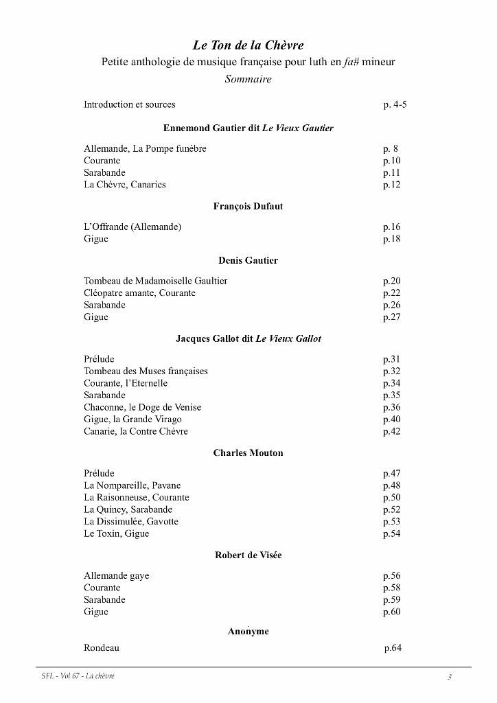 vol_67_sommaire.jpg - Volume 67 - “Le Ton de la Chèvre” : Petite anthologie de musique française pour luth en fa# mineur (Ennemond & Denis Gautier, Dufaut, Gallot, Mouton, De Visée...)