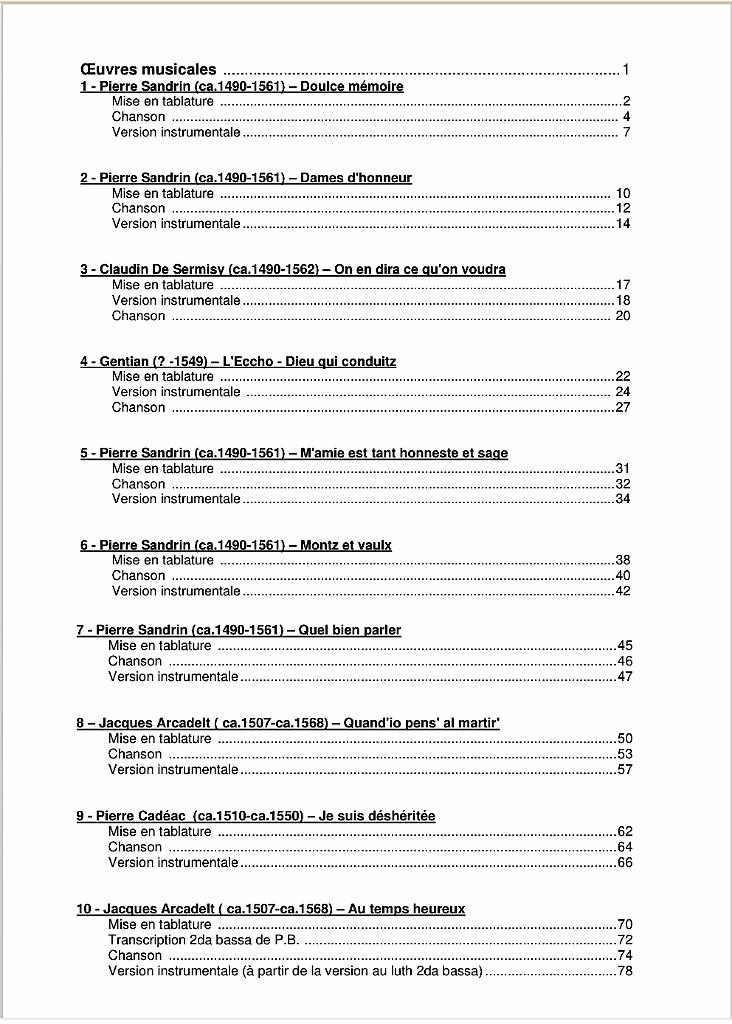 vol_68_index.jpeg - Volume 68 : Chansons mises en tablature par Albert de Rippe (Sandrin, Sermisy, Arcadelt…). Versions originales pour luth seul, partitions à 4 parties, arrangements pour instruments et luth. Sélection & transcriptions de Jean-Charles LefebvreScreenshot