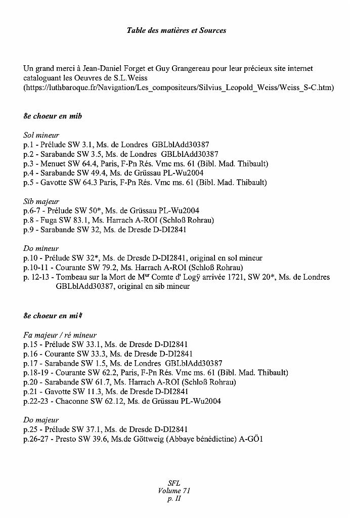 vol_71_sommaire.jpg - Le Secret des Muses : Volume 71 - Silvius Leopold Weiss : 20 pièces transcrites pour archiluth ou luth 10 choeurs par Pascale Boquet